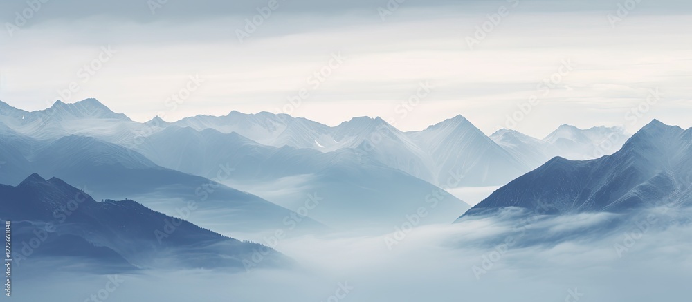 Fototapeta premium Serene blue Austrian mountain range under cloudy sky with soft mist enveloping the lower peaks creating a tranquil atmosphere and depth