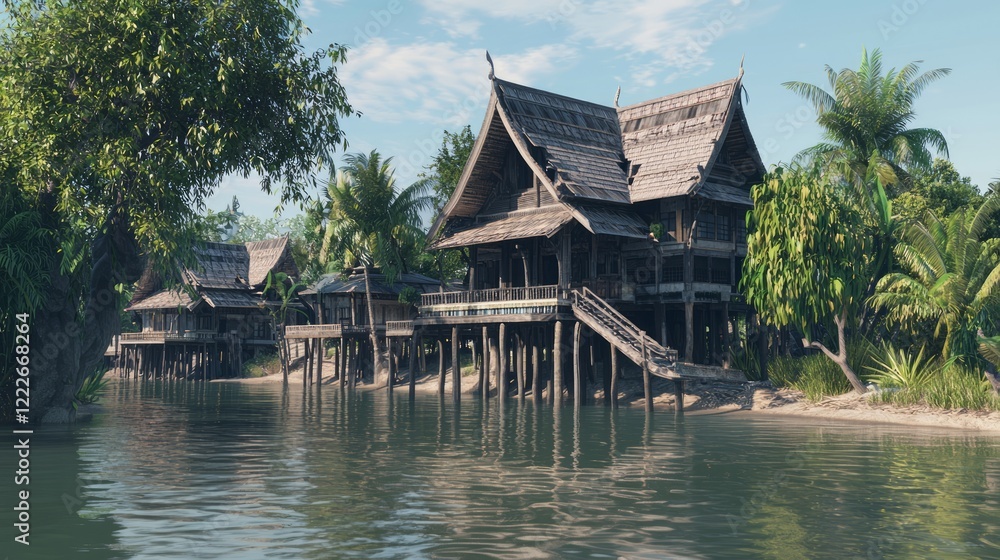 Serene Riverside Retreat: Traditional Thai House on Stilts with Curved Eaves Reflecting Local Building Traditions Cinematic Image Serene Riverside Retreat: Traditional Thai House on Stilts with Curved Eaves Reflecting Local Building Traditions Cinematic Image