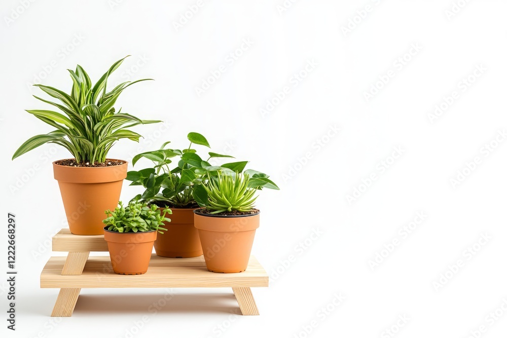 A Delightful Display of Potted Plants on a Wooden Stand A Delightful Display of Potted Plants on a Wooden Stand