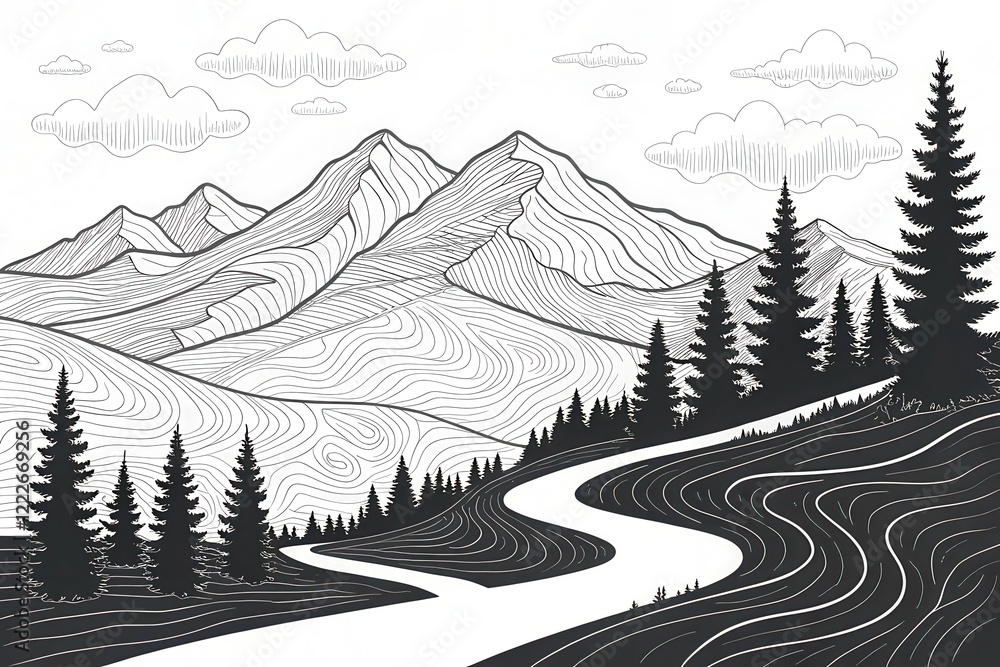 Fototapeta premium Serene Mountain Landscape with Winding River and Coniferous Forest