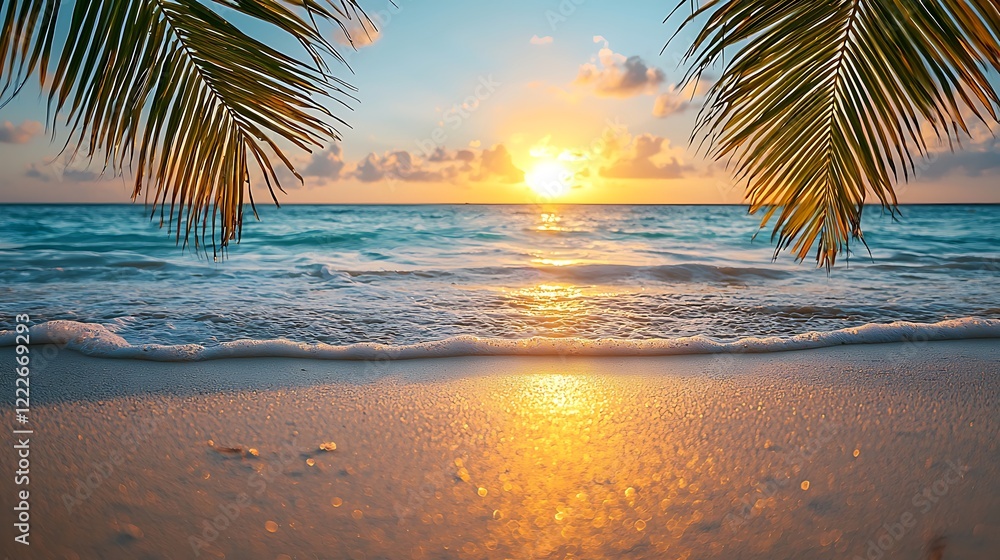 Naklejka premium Stunning Tropical Sunset Beach Scene with Palm Trees