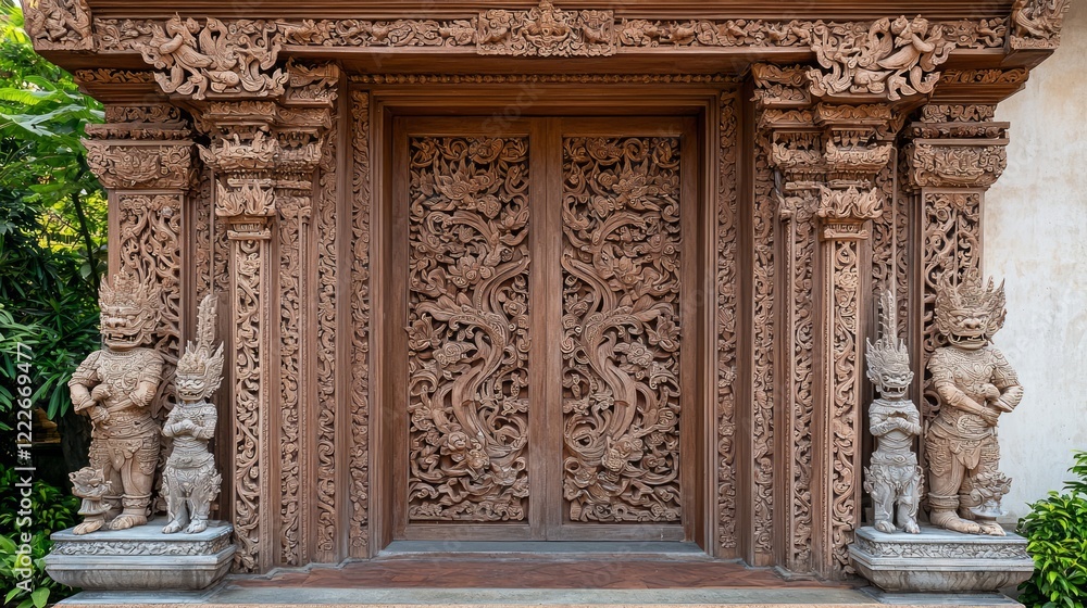 Majestic Teak Wood Facade with Intricate Floral Carvings & Stone Guardians | Cinematic Thai Architecture Detail Majestic Teak Wood Facade with Intricate Floral Carvings & Stone Guardians | Cinematic Thai Architecture Detail