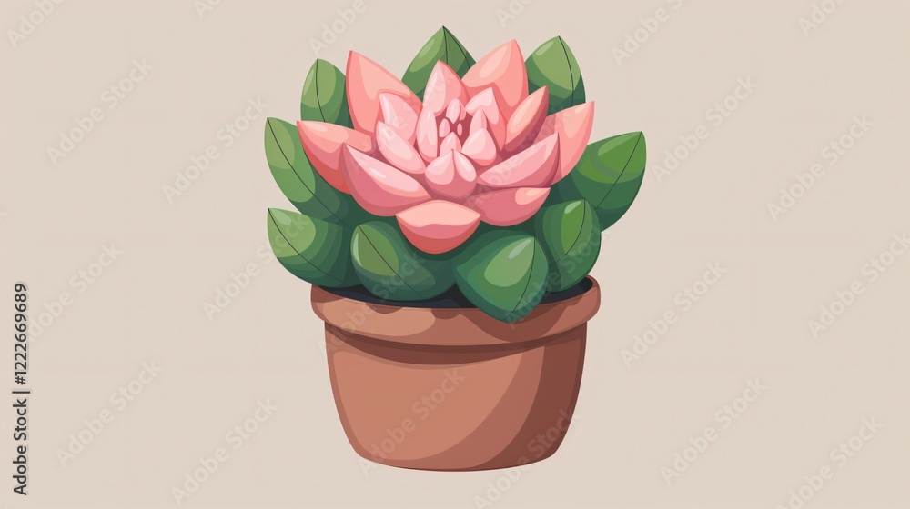 Obraz premium Vibrant Cartoon Succulent Plant in Pot with Blooming Cactus Flowers