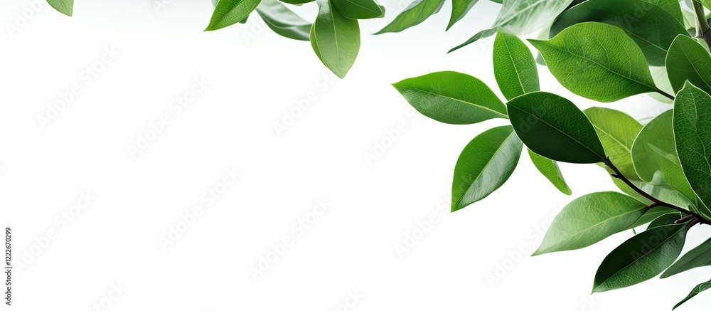 Fototapeta premium Fresh green leaves on a branch softly positioned in the top left corner against a clean white background creating an inviting copy space.