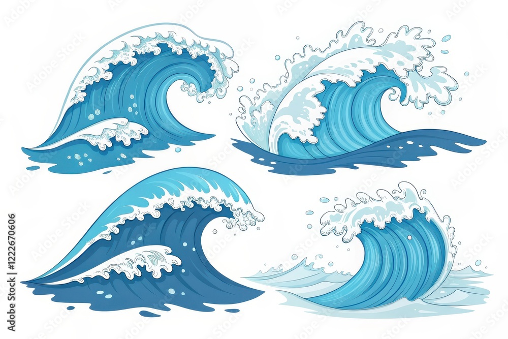 A Collection of Four Stylized Ocean Waves with Whitecaps and Foam, Perfect for Nautical Designs and Marine-Themed Projects A Collection of Four Stylized Ocean Waves with Whitecaps and Foam, Perfect for Nautical Designs and Marine-Themed Projects