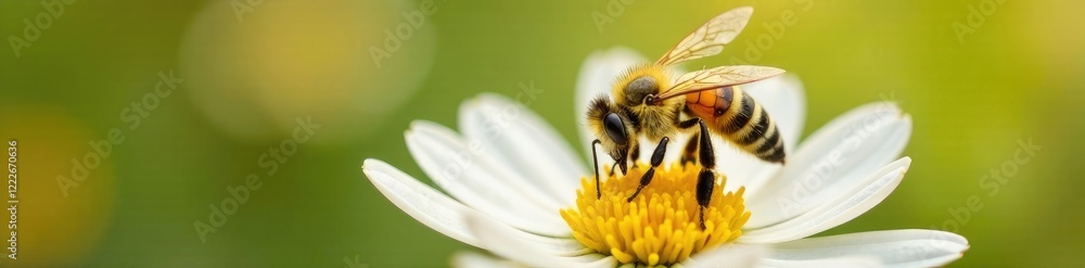 Bee collecting pollen from white flower petals, insects, yellow Bee collecting pollen from white flower petals, insects, yellow