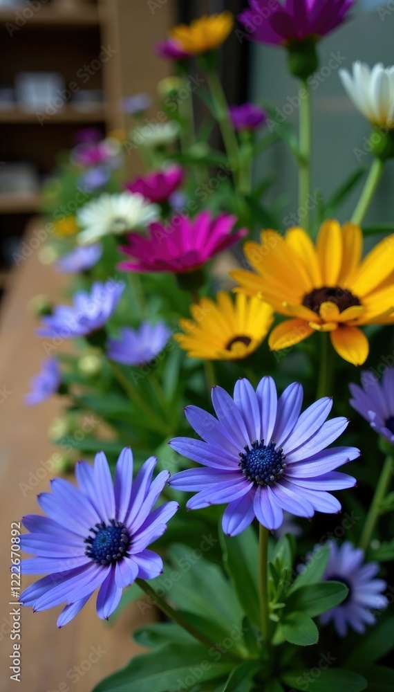 Blue cornflower blooms on a table or countertop with other flowers and greenery, countertops, flowers, gathering place Blue cornflower blooms on a table or countertop with other flowers and greenery, countertops, flowers, gathering place