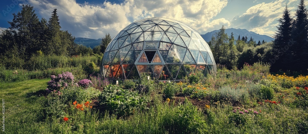 Modern geodesic dome greenhouse in lush green setting with vibrant flowers and mountains in background showcasing sustainable urban agriculture design.