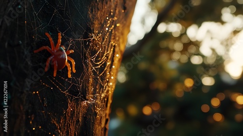 Dew-Kissed Spiderweb with Red Spider at Sunset