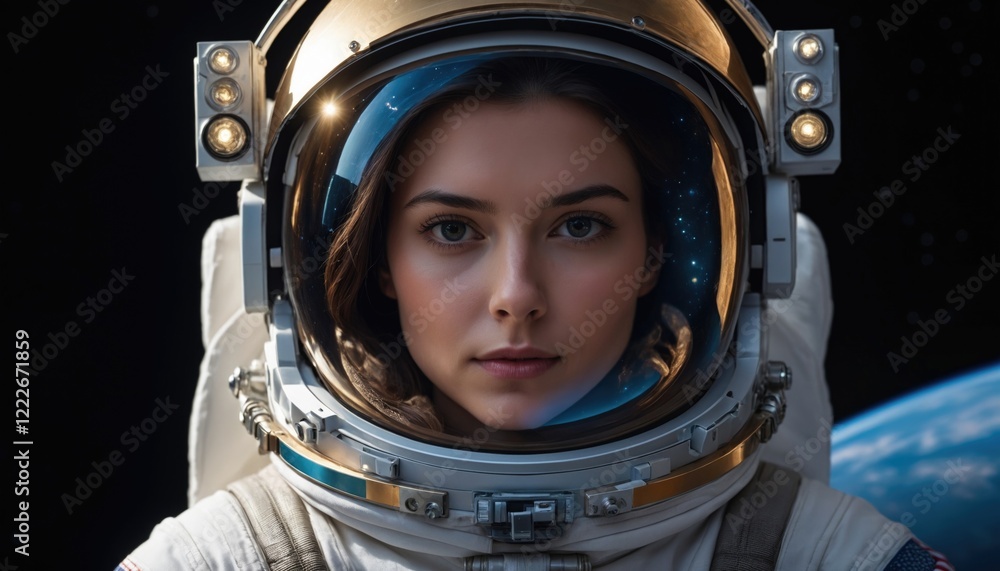 Close-up of an astronaut's helmet with a digital screen, facing woman face the camera Close-up of an astronaut's helmet with a digital screen, facing woman face the camera