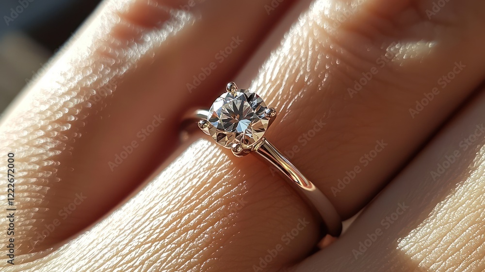 Obraz premium A close-up of a diamond engagement ring on a hand, showcasing its sparkle and design.