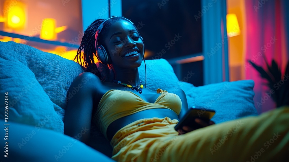 Obraz premium A Person Playing Video Games on a Smartphone in the Living Room at Night, Wearing Headphones and Laughing Happily, Surrounded by Neon Lights in a Cozy Atmosphere.