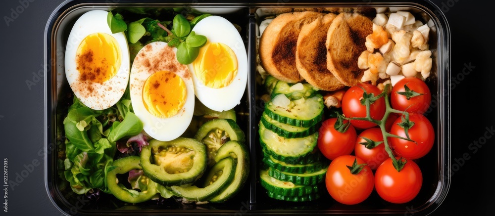 Healthy meal prep container filled with hard boiled eggs leafy greens cucumbers tomatoes and chickpeas top view with dark background Healthy meal prep container filled with hard boiled eggs leafy greens cucumbers tomatoes and chickpeas top view with dark background
