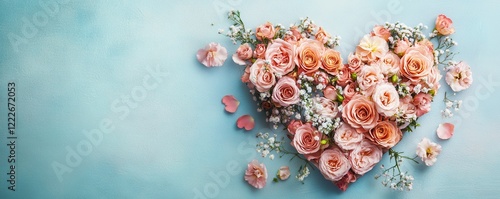 Heart-shaped floral arrangement with roses and baby's breath on blue background