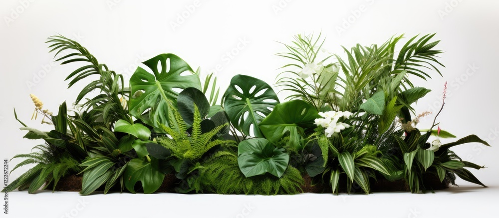 Lush tropical foliage featuring Monstera and Bird's Nest Fern arranged symmetrically on a white background creating a vibrant indoor garden vibe. Lush tropical foliage featuring Monstera and Bird's Nest Fern arranged symmetrically on a white background creating a vibrant indoor garden vibe.
