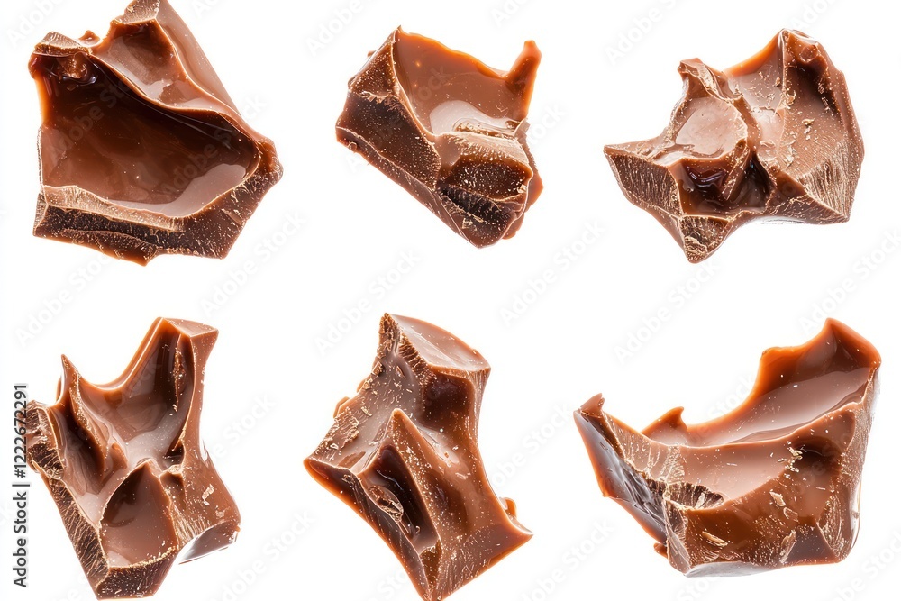 Six irregular pieces of chocolate arranged in a grid pattern. Six irregular pieces of chocolate arranged in a grid pattern.