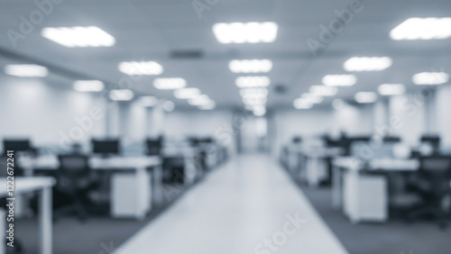 An indistinct office hallway interior. A hazy corridor within a professional environment featuring a defocused appearance. Suitable for use as a background or backdrop in a business context