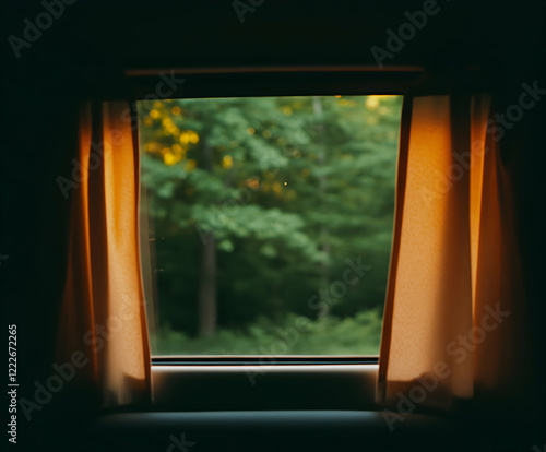 Natural light pours through curtains at a window overlooking a serene green forest during late afternoon
