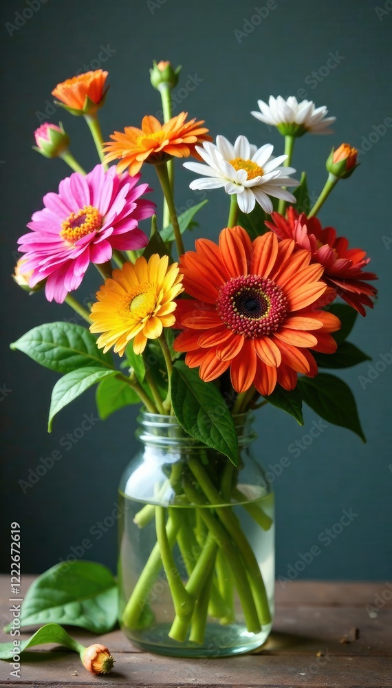 Fototapeta premium Colorful flowers in a glass jar with greenery, still life, flowers, container