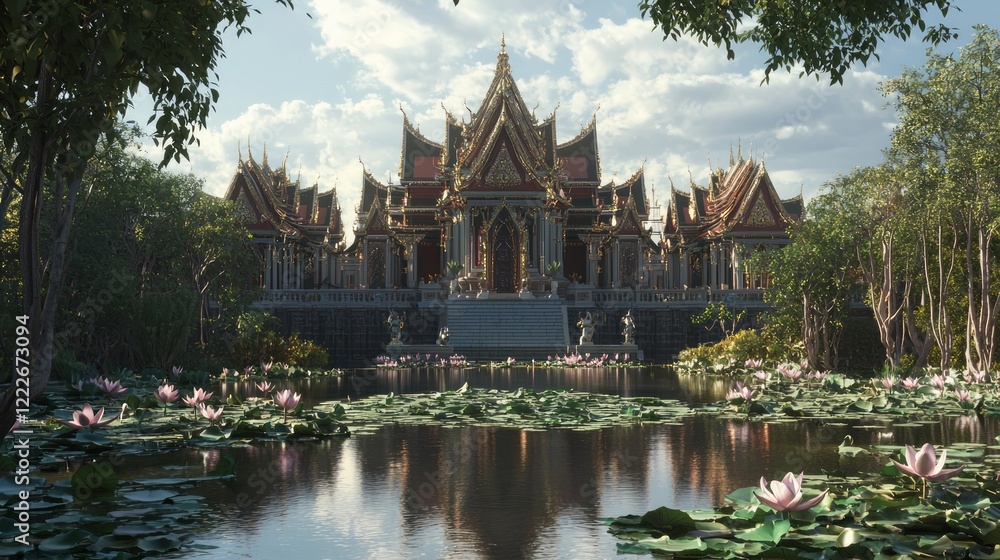 Serene Reflections: Thai Architectural Beauty with Lotus Pond Elegance Serene Reflections: Thai Architectural Beauty with Lotus Pond Elegance