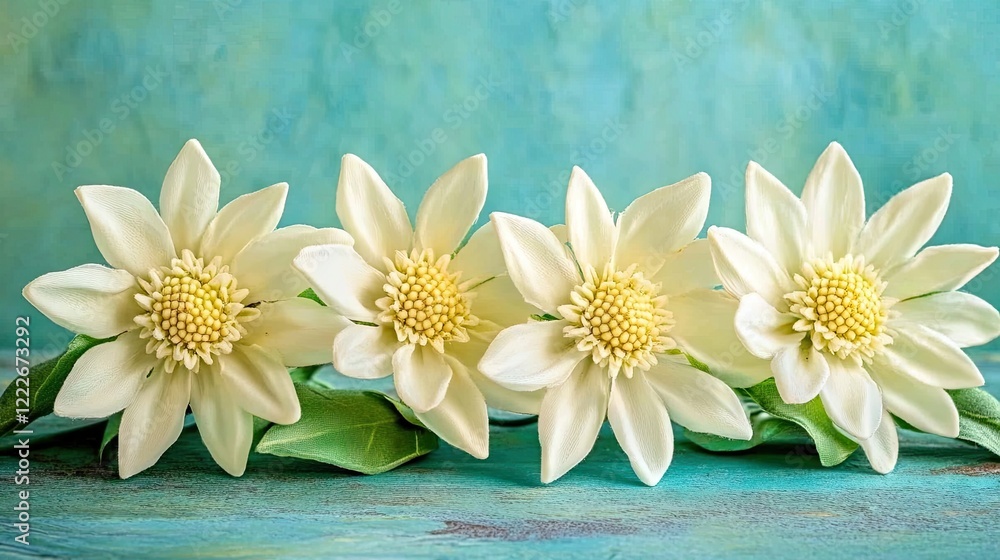 Fototapeta premium Four white flowers, teal background, closeup. Floral arrangement, greeting card