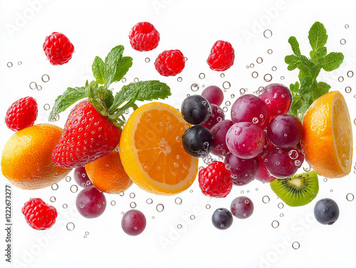 Flying fresh fruits on a white background.