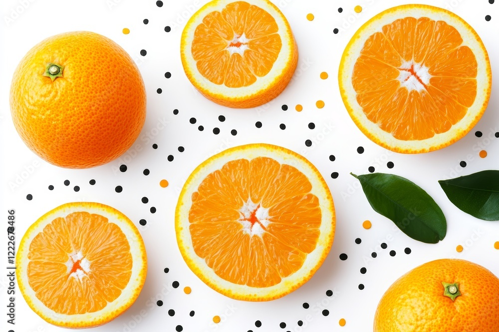Fresh juicy orange fruit slices with green leaves on white background. Flat lay, top view Fresh juicy orange fruit slices with green leaves on white background. Flat lay, top view