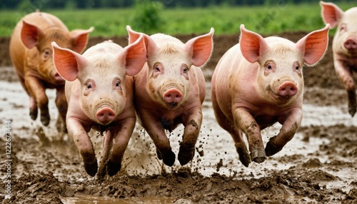 Pigs running in the mud. A group of piglets is seen sprinting across the muddy ground photo