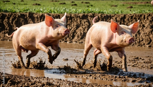 Pigs running in the mud. A group of piglets is seen sprinting across the muddy ground photo