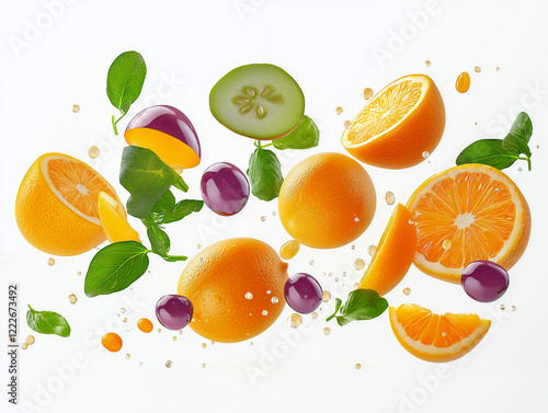 Flying fresh fruits on a white background.