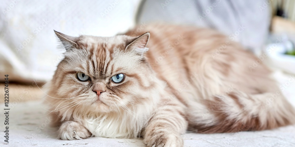 Fototapeta premium Disgruntled beige striped, blue-eyed Scottish cat lies with angry look