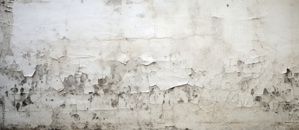 Fototapeta premium Textured weathered wall with peeling white paint and dark stains, horizontal orientation, featuring shades of grey and soft cream throughout.