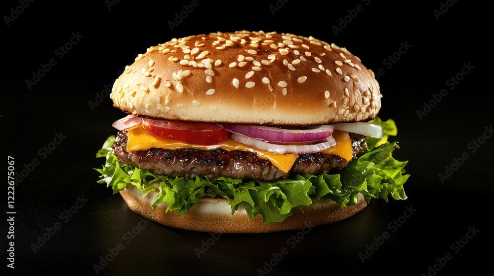 A delicious cheeseburger with lettuce, tomato, onion, and a sesame seed bun. A delicious cheeseburger with lettuce, tomato, onion, and a sesame seed bun.