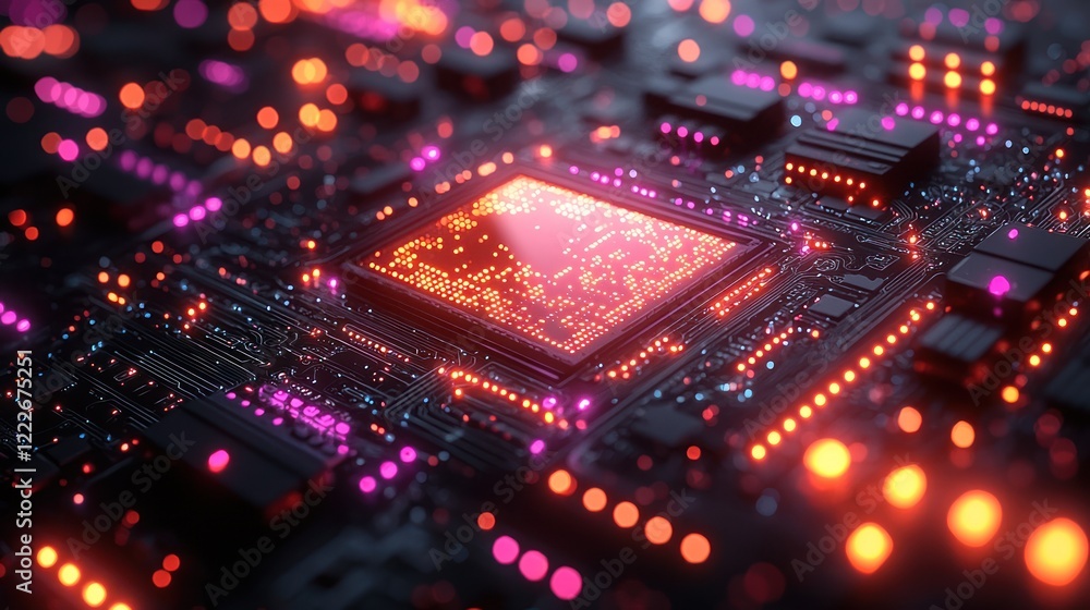 Illuminated Circuit Board: A Glowing Microchip's Intricate Design Illuminated Circuit Board: A Glowing Microchip's Intricate Design