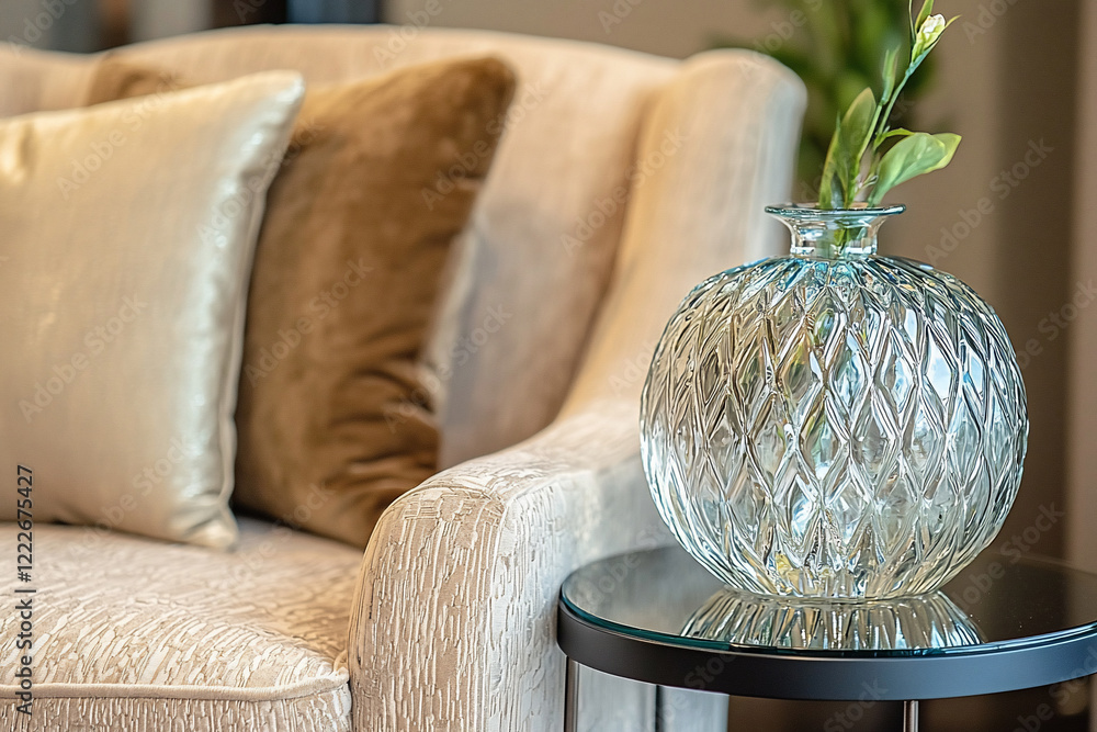 Fototapeta premium Elegant living room setting featuring a plush sofa, decorative pillows, and a stylish glass vase