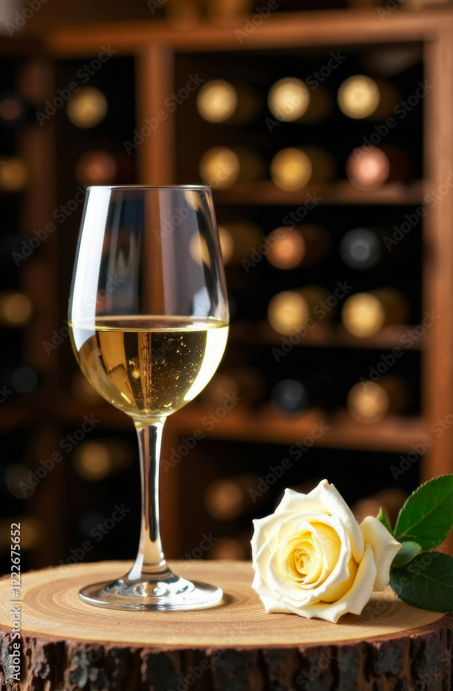 a glass with poured white wine stands on a log cut, a white rose lies nearby a glass with poured white wine stands on a log cut, a white rose lies nearby