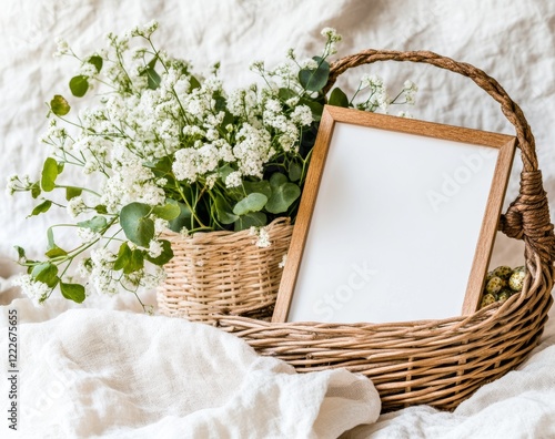 In a modern interior setting, a wooden picture frame mockup is positioned against an off-white wall, providing a vertical template for artwork, paintings, photos, or posters, with green plants photo