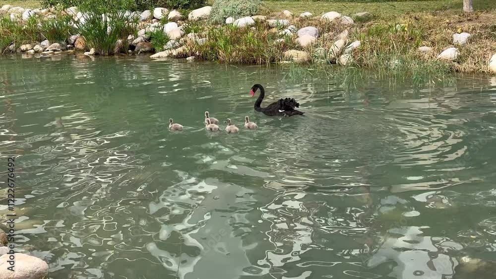 Mother black swan swims with her cygnets in tranquil pond during sunny afternoon Mother black swan swims with her cygnets in tranquil pond during sunny afternoon