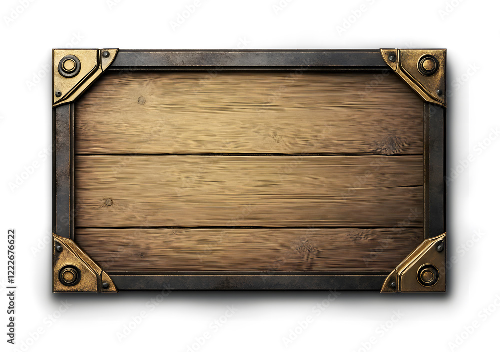 Rustic Wooden Panel with Metal Frame and Brass Details on White Background Rustic Wooden Panel with Metal Frame and Brass Details on White Background