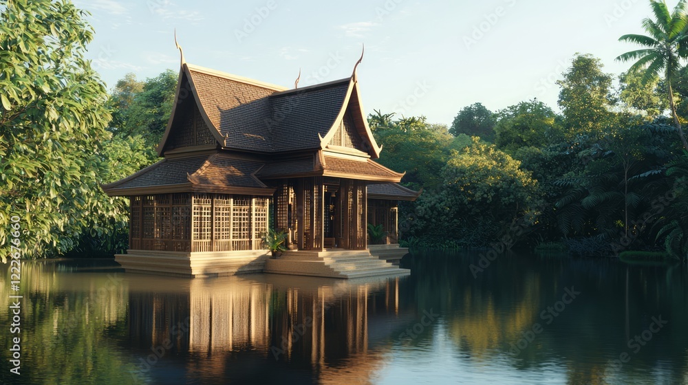 Tranquil Teak Pavilion in Serene Pond with Intricate Fence-like Screens, Cinematic Thai Architecture Tranquil Teak Pavilion in Serene Pond with Intricate Fence-like Screens, Cinematic Thai Architecture