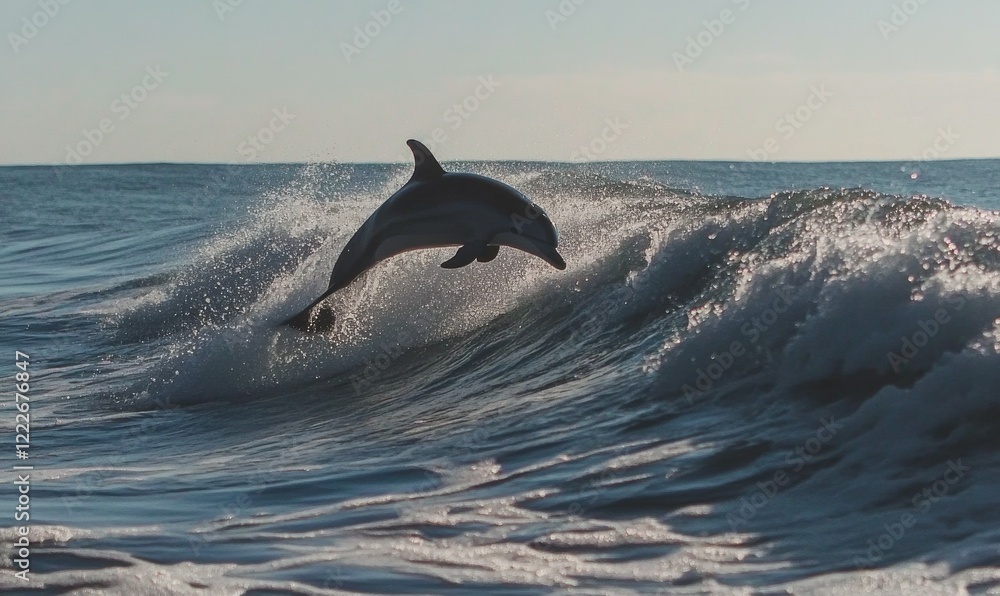 Fototapeta premium Dolphin leaping from ocean waves on a sunny day