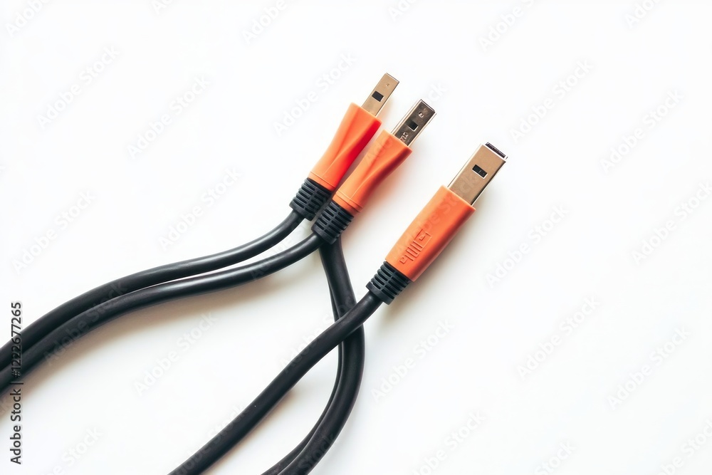 Close-up of Two USB Cables, showcasing the Modern Technology and Innovative Design. High-Quality Image of Durable and Reliable Connectors. Close-up of Two USB Cables, showcasing the Modern Technology and Innovative Design. High-Quality Image of Durable and Reliable Connectors.