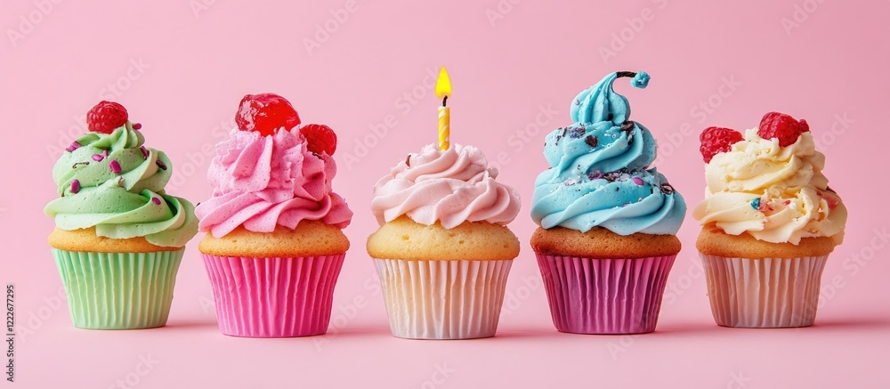 Colorful cupcakes with vibrant frosting and cherries lined up against a playful pink background featuring a lit candle on the second cupcake Colorful cupcakes with vibrant frosting and cherries lined up against a playful pink background featuring a lit candle on the second cupcake