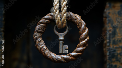 Old rusty key hanging with rope