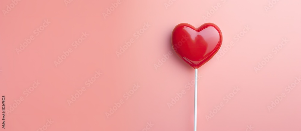 Heart-shaped lollipop in vibrant red against soft pink backdrop with ample space for text, positioned on the right for a romantic vibe Heart-shaped lollipop in vibrant red against soft pink backdrop with ample space for text, positioned on the right for a romantic vibe