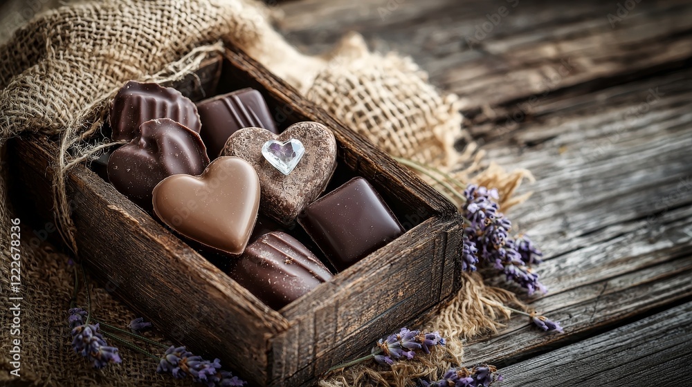 Unique love box filled with vegan chocolates, crystal charms, and lavender sachets, placed on a rustic wooden surface Unique love box filled with vegan chocolates, crystal charms, and lavender sachets, placed on a rustic wooden surface