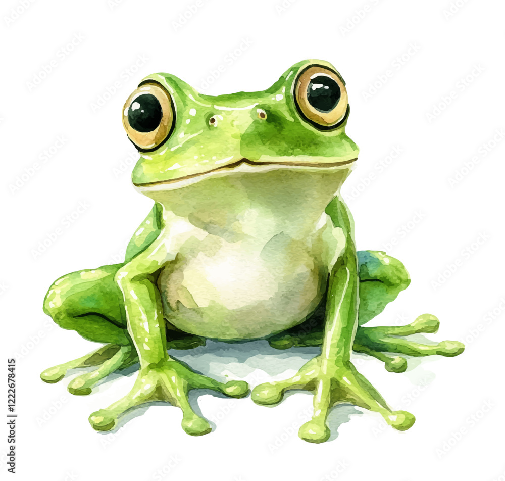 Obraz premium Green frog, sitting with wide expressive eyes, featuring lifelike details and soft watercolor effect. Cute green frog vector illustration isolated on white background, with shadow.