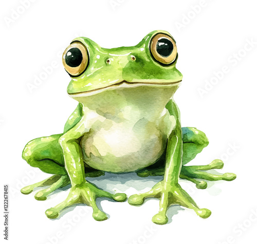 Green frog, sitting with wide expressive eyes, featuring lifelike details and soft watercolor effect. Cute green frog vector illustration isolated on white background, with shadow.