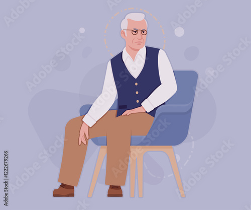 Senior man classic vest, retro vintage glasses sitting pose. University professor, lecturer, old experienced, grey hair, older grandfather. Vector flat style cartoon illustration, creative background