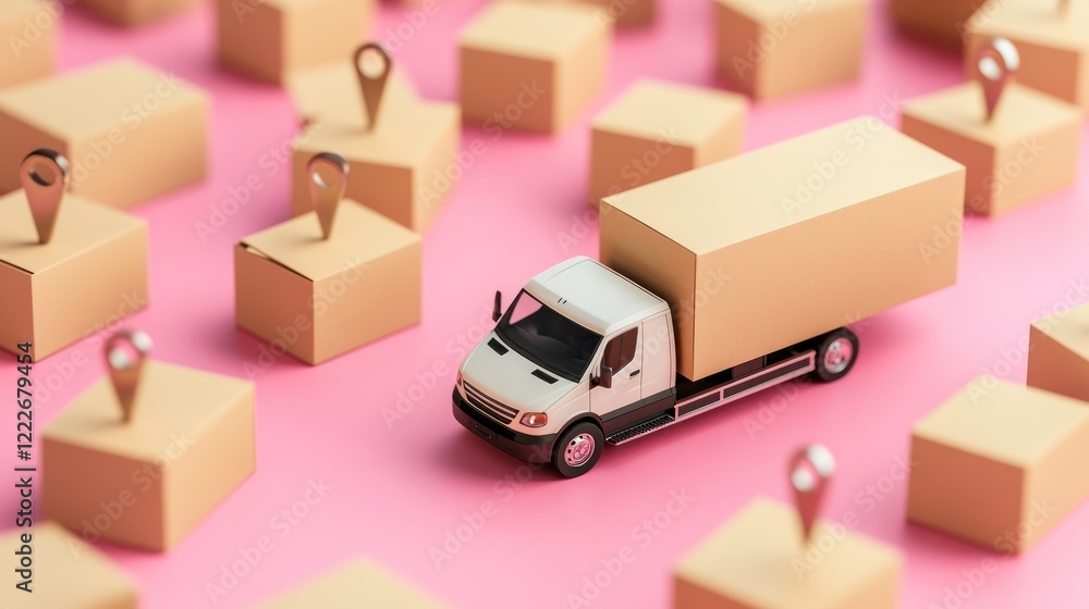 Delivery truck carrying large package among many smaller packages with location markers.